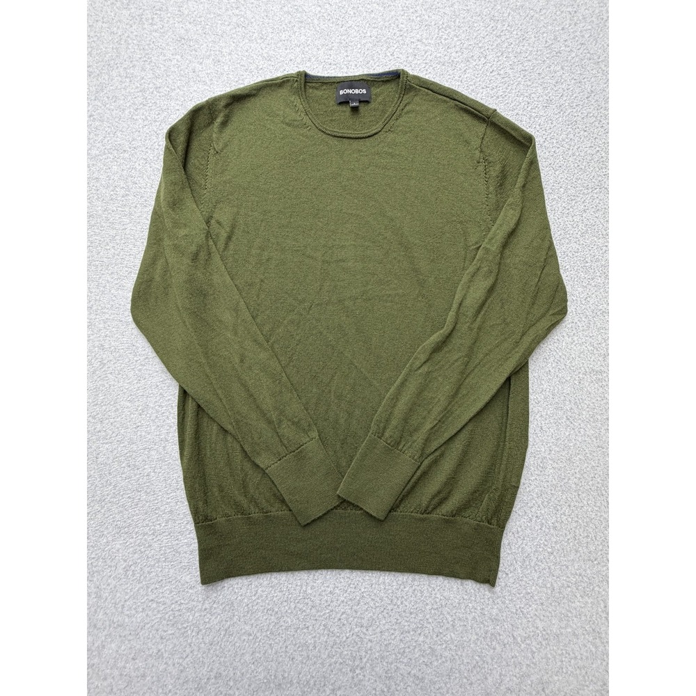 Bonobos Sweater Mens Large Olive 100% Extra Fine Merino Wool Crewneck Knit